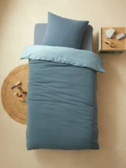Parure Enfant Bicolore Housse De Couette + Taie D'oreiller En Gaze De Coton Bleu - Vertbaudet